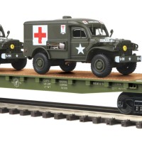 美标O比例 20-95302 铁路平板车+2辆道奇WC54救护越野车；美国陆军