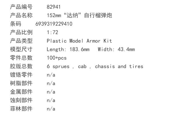 编号:82941 1/72 装甲车辆系列 152mm“达纳”自行榴弹炮