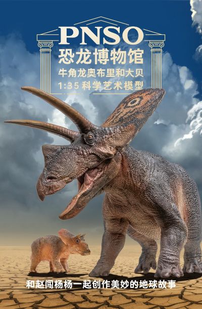 PNSO恐龙博物馆1:35科学艺术模型 牛角龙奥布里和大贝